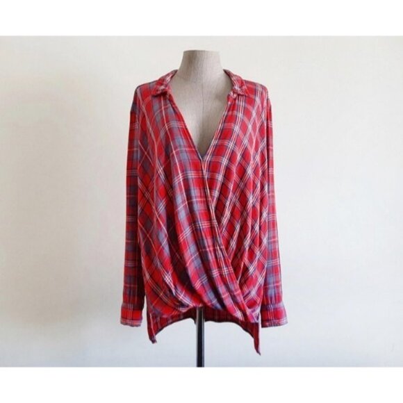 Abercrombie & Fitch Red Plaid Draped Wrap Button Front Shirt Blouse Women Sz M - Picture 3 of 7